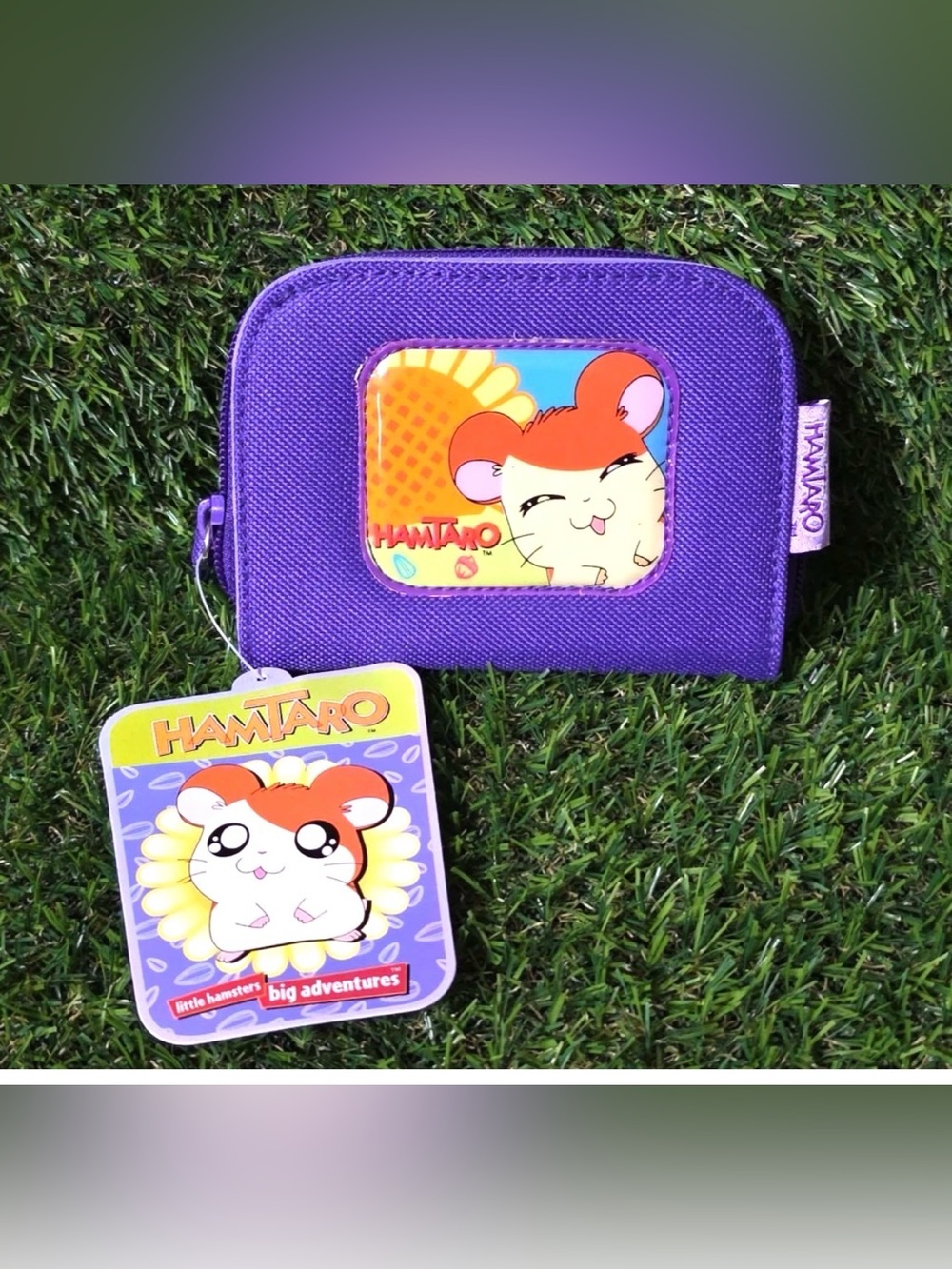 Purple vintage Hamtaro zip coin purse and tag from the early 2000s anime series.